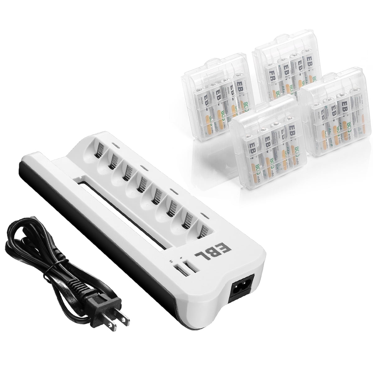 EBL 800mAh 1.2V NiMH AAA Rechargeable Batteries (16 Pack) and 808U Rechargeable AA AAA Battery Charger with 2 USB Charging Ports