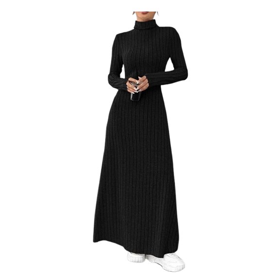 Quixlent Sweater Dress for Women Casual Long Sleeve High Neck Ribbed Knit A-Line Dress Fall Winter Pullover Tunic Maxi Dress