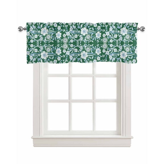Green Blue Floral Kitchen Valances for Windows Farmhouse Linen Window Valance Curtain for Living Room Window Treatment Vintage Pastoral Botanical Leaves Valance Rod Pocket Topper Drape, 60 x 18 Inch