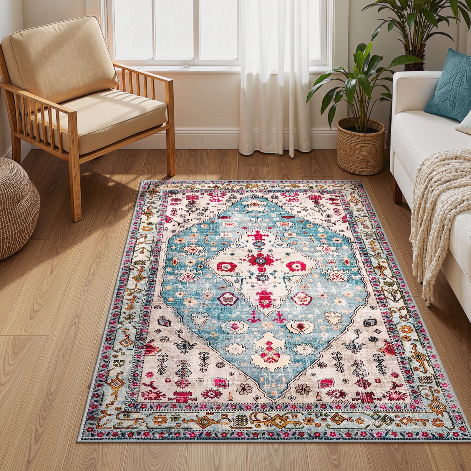 Lahome Decor 4'x6' Boho Tribal Area Rug ,4x6 ft Non Slip Machine Washable Rugs Foldable Vintage Rug Low Pile Durable Carpet for Living Room Bedroom Dining Room Office Farmhouse,Sky Blue