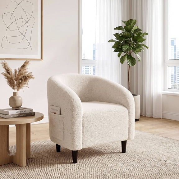 TLSUNNY Upholstered Club Chair Accent Barrel Chair, Teddy Fabric Upholstered Armchair with Side Pocket for Living Room/Bedroom