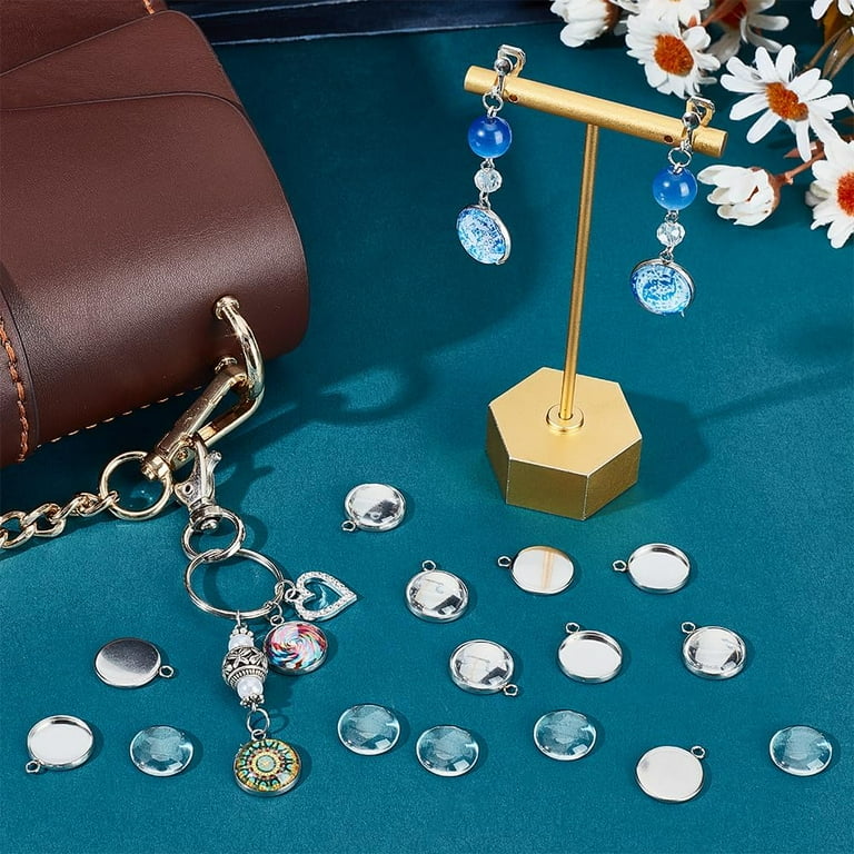 60Sets Flat Round Blank Dome Pendant Making Kit Stainless Steel