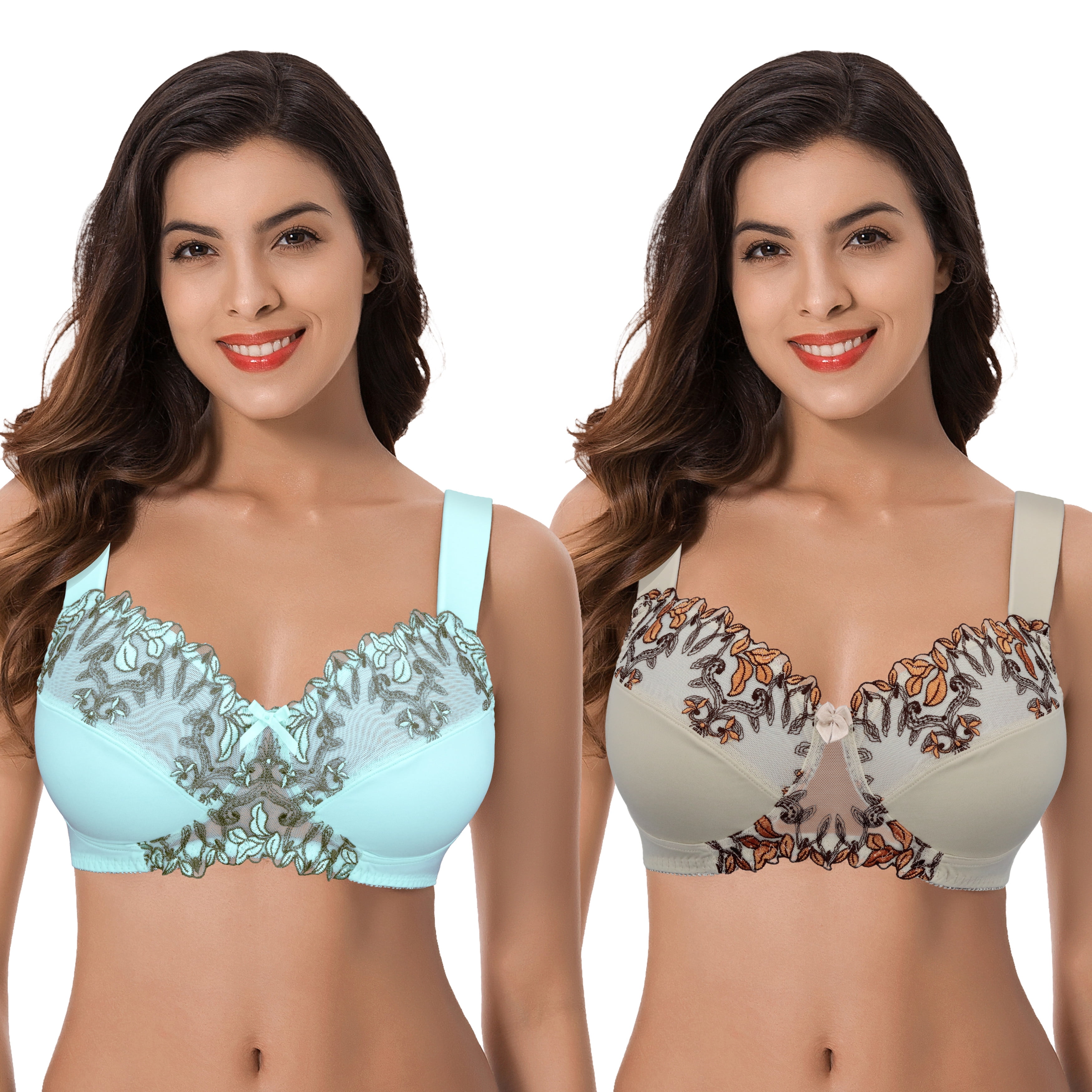 Curve Muse Plus Size Minimizer Unlined Wireless Bra with Lace  Embroidery-3Pack