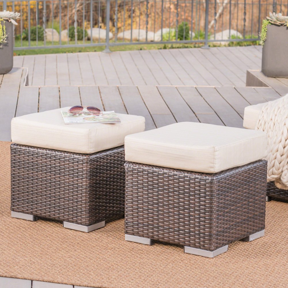 Avianna Outdoor 16 Inch Wicker Ottoman Seat with Cushion, Set of 2