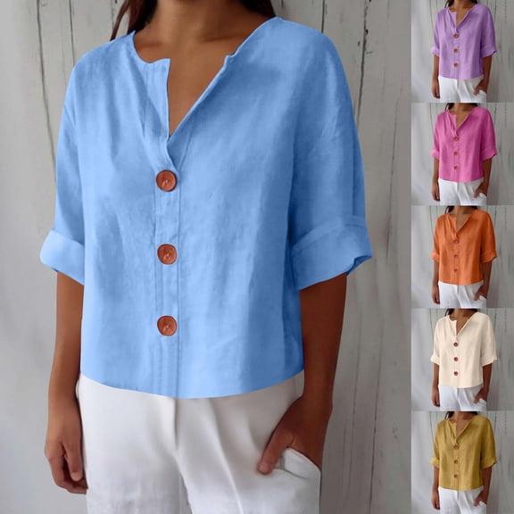 Hxshgdsn Womens V Neck Blouse Button Down Short Sleeve Casual Cardigan Summer Vacation (Purple/4XL)