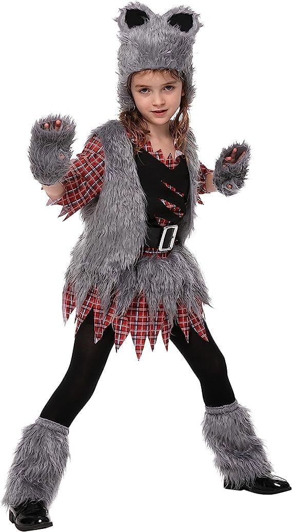 ReliBeauty Girls Werewolf Costume - Kids Halloween Costume With Hood & Tail