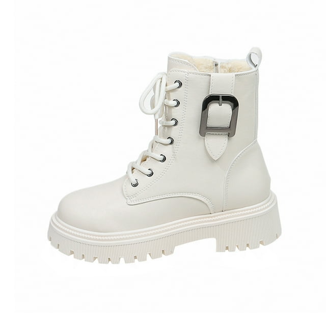 Bottes Cheville d'Hiver Décontractées pour Femmes en Molleton Chaud avec Bout Rond Uni, Fermeture Éclair Latérale à l'Avant, Laçage, Talon Bas