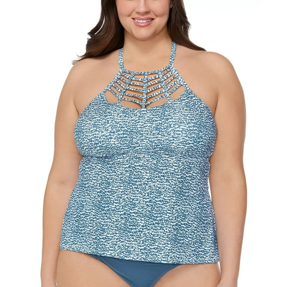 Raisins Curve H840236 Plus Size BOA High Neck Tankini Swim Top 20W 20 W Blue