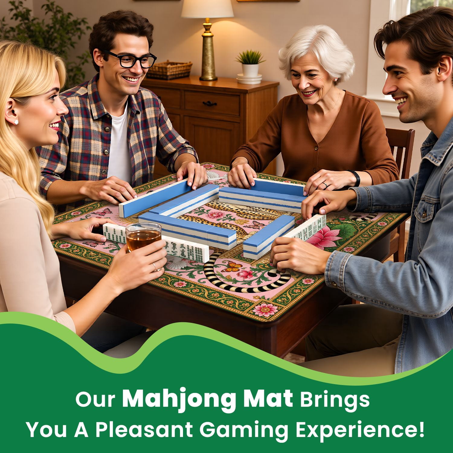 Mahjong Mat 31.5" x 31.5" Twin Leopards Golden Sunburst Floral Elements Pink Pastel Design Non-Slip Noise Reduction Chic Portable Gaming Table Cover for Family Game Night & Gift