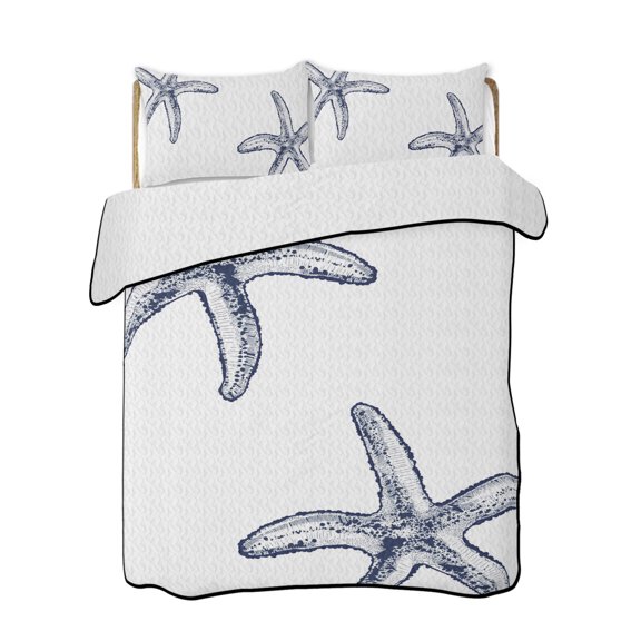 Quilts Queen Size Bedding Set, Starfish Coastal Reversible Summer Quilt 3 Pieces, Seaside Nautical Summer Ocean Sea Lightweight Bedspreads Coverlets with 2 Pillow Shams for All Seasons