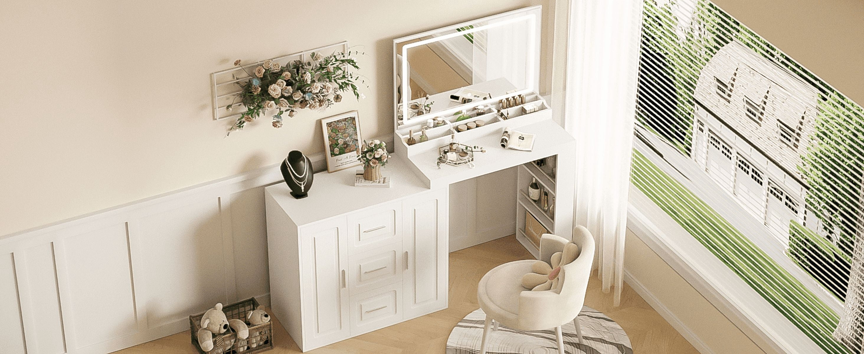 59" Makeup Vanity Desk with Mirror, Vanity Mirror with Lights, Dressing Table with 3 Drawers and 2 Cabinets, Vanity Table with Storage Shelves for Bedroom, White