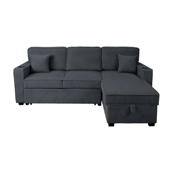 Poundex Corduroy Reversible Storage Chaise Convertible Sectional in Dark Gray