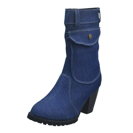 

Cowboy Boots for Women European And Large Size High Heel Denim Mid-Tube Women s Boots