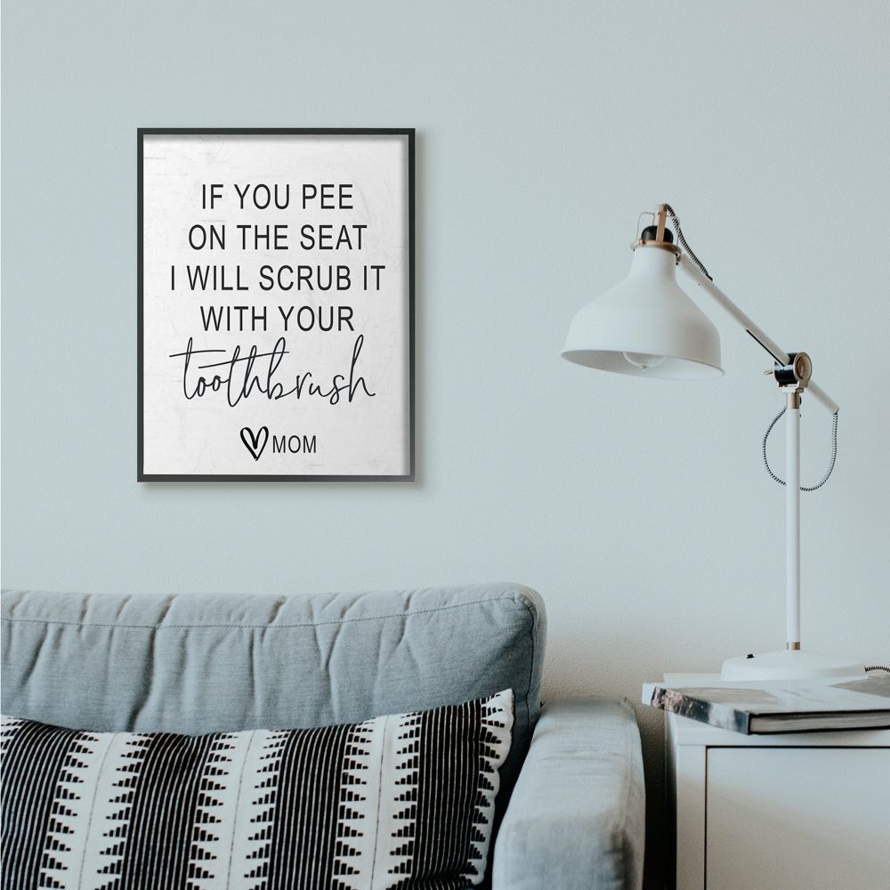 Stupell Industries Pee On Seat Funny Word Bathroom Black And White Design Framed Giclee Texturized Art by Lettered and Lined