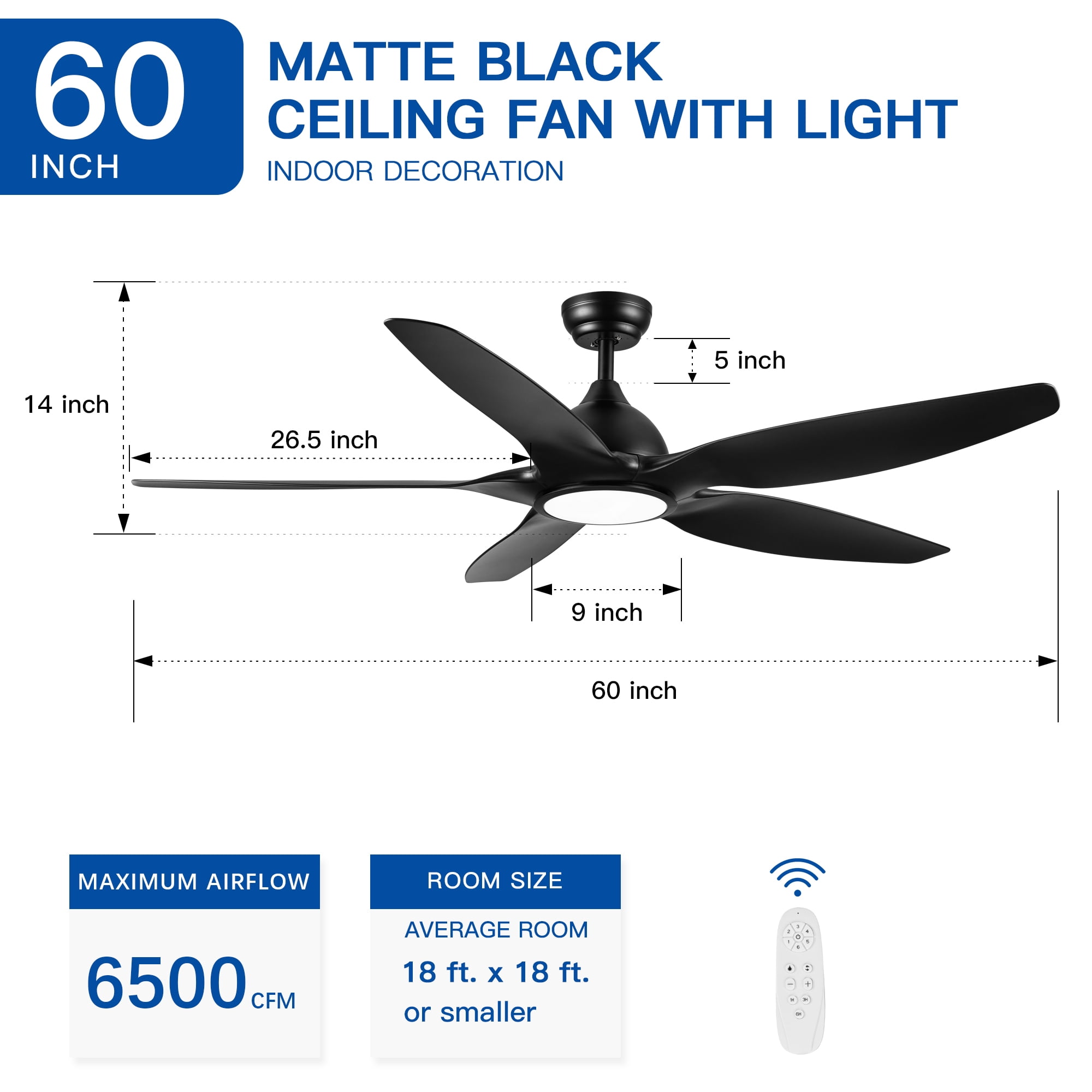 Wellspeed 60 in. 5-Blade Modern Matte Black Indoor Ceiling Fan with DC Motor and Remote Control