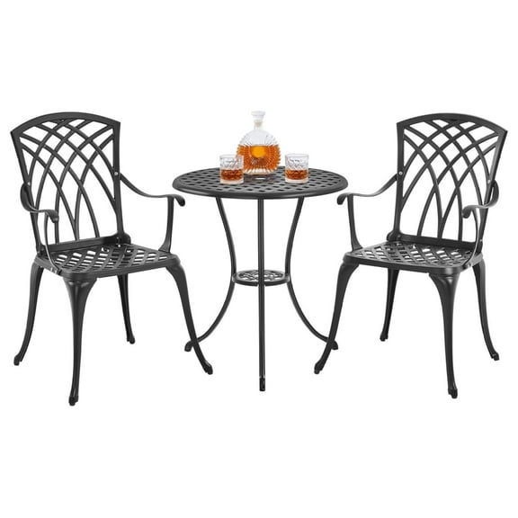Patio Bistro Set 3-Piece Outdoor Cast Aluminum Table and Chairs Set, All Weather Patio Furniture with Umbrella Hole for Garden/Backyard/Porch/Balcony/Lawn/Pool, Black
