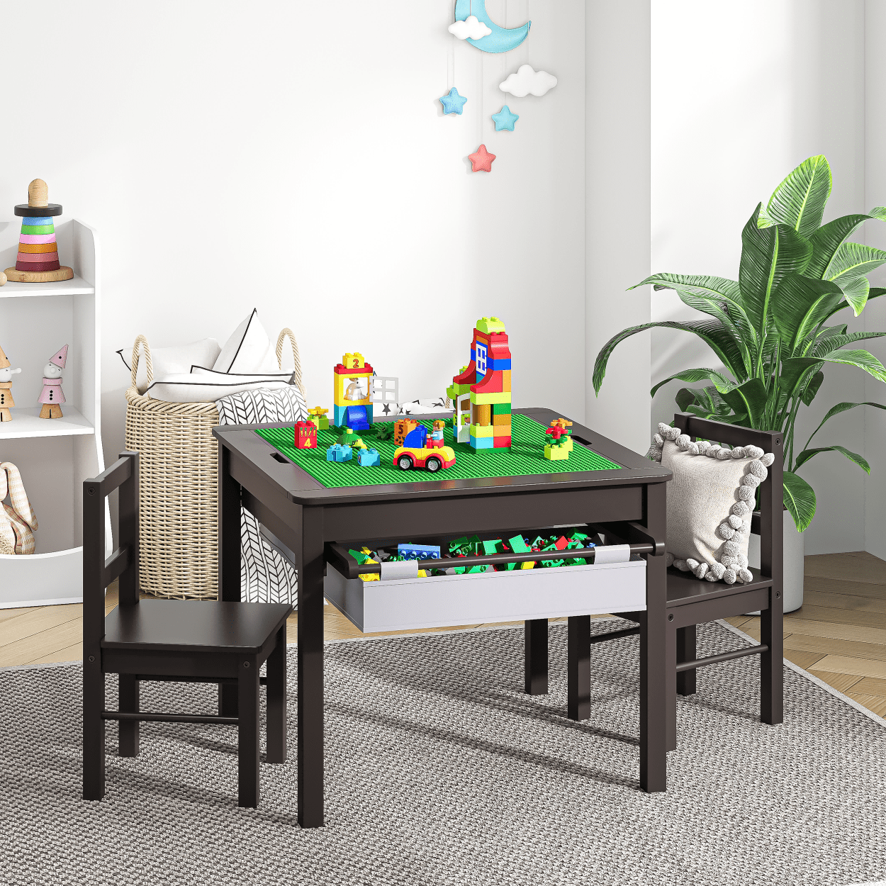 UTEX Wooden 2 In 1 Kids Construction Play Table and 2 Chairs set with Storage Drawers and Built In Broad, Espresso with Gray Drawer