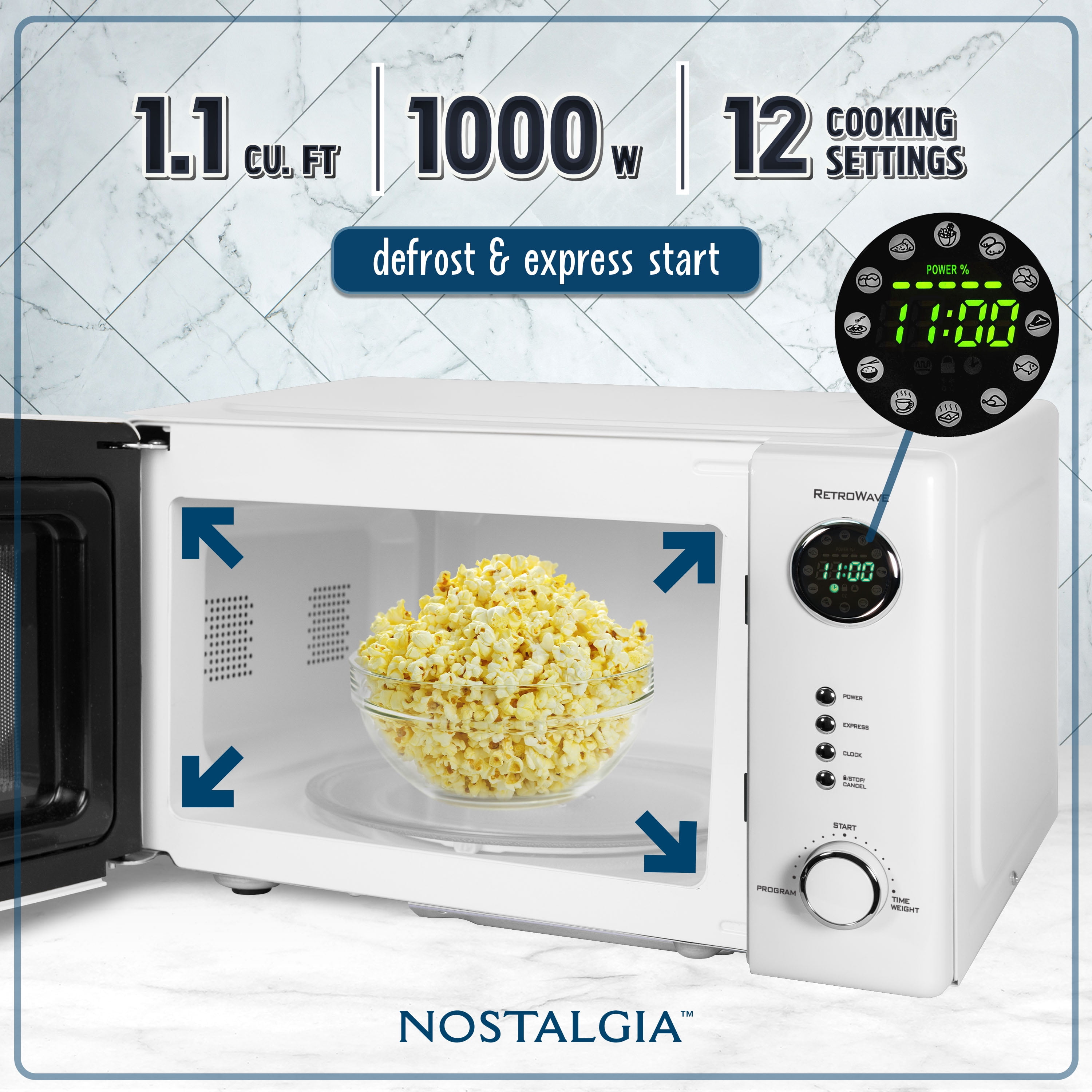 Nostalgia 1.1 cu ft Retro Microwave Oven, 1000W Countertop Microwave Oven with Digital Clock, White