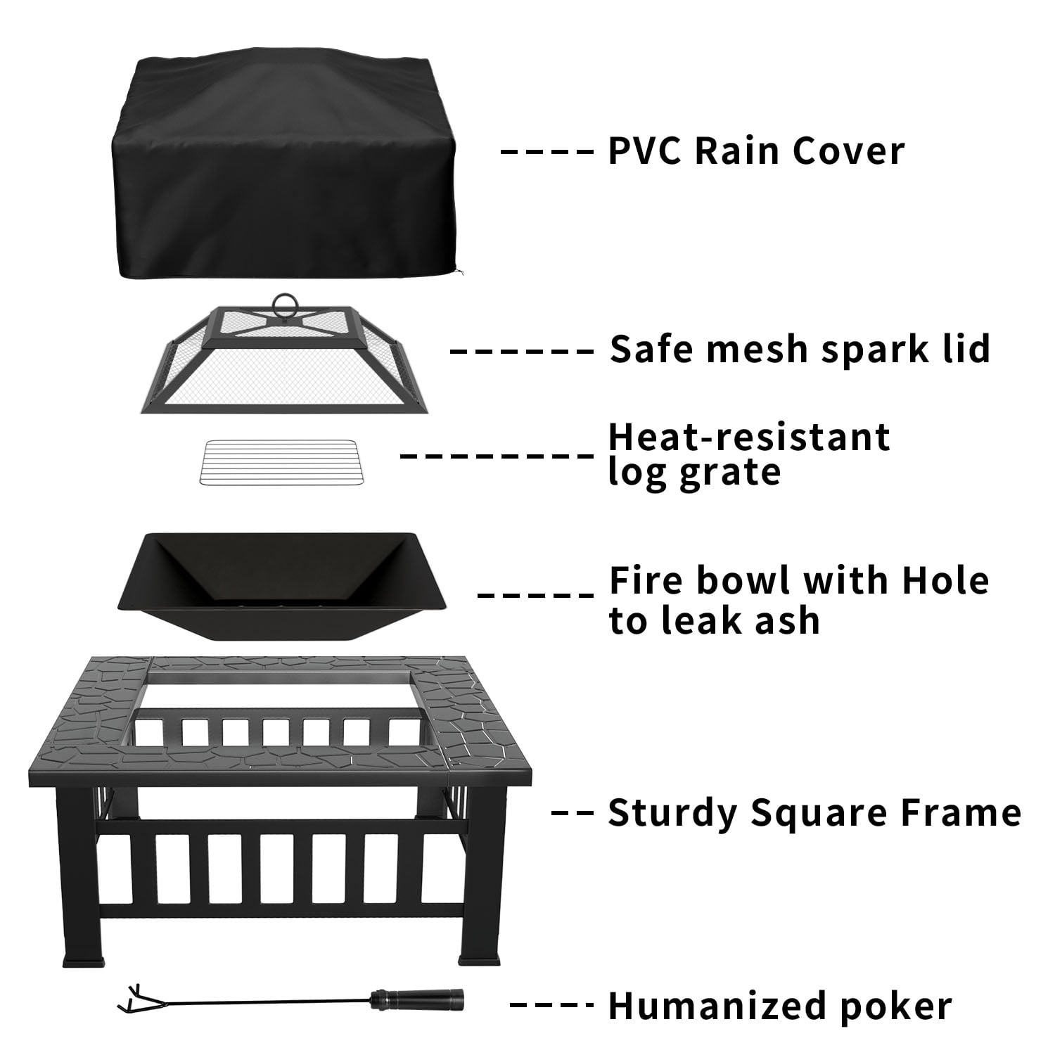 Lacoo 32 Patio Square Fire Pit Table for Patio Backyard BBQ Ice Storage with Mesh Lid Poker and Cover Black