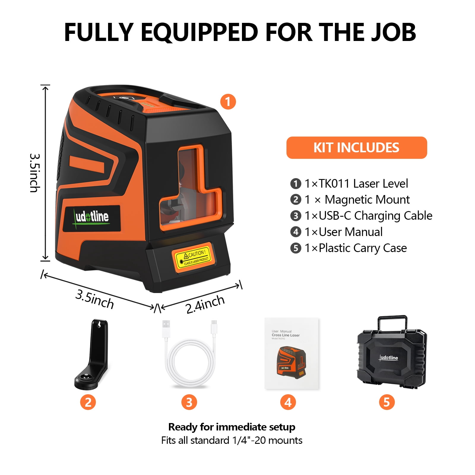 Green Laser Level 2 Line TK011, Ultra Bright Cross Line, 2s Self Leveling,  ±3mm Accuracy, 2200mAh Rechargeable, Shockproof Durable Build for Jobsite (Basic Kit – Magnetic Mount + Hard Case)