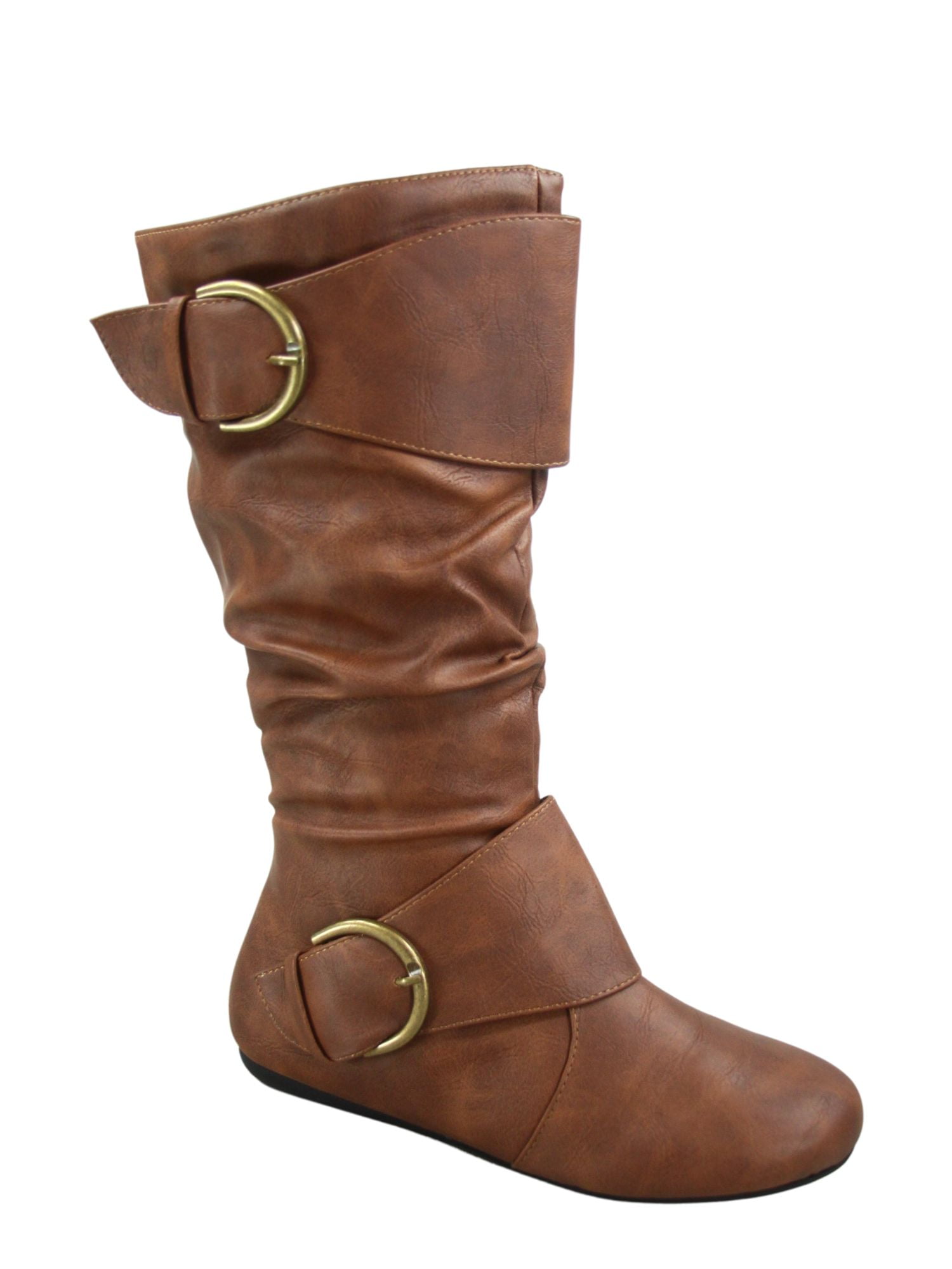 Zone 80 Women's Faux Leather Zipper Buckle Slouch Casual Flat Heel Mid