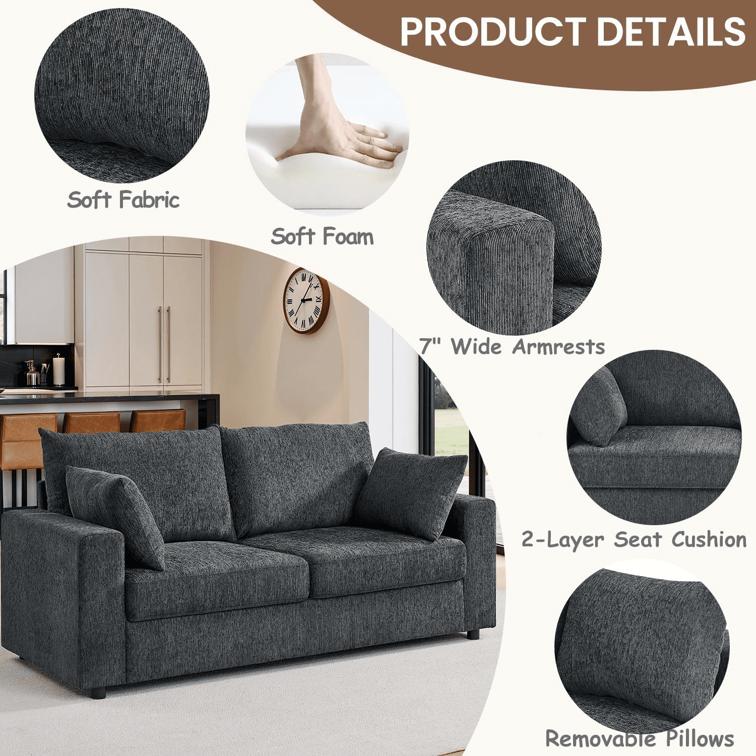 MOONMISS 78'' Loveseat Sofa for Living Room, Apartment, Office, 2-Seat, Gray