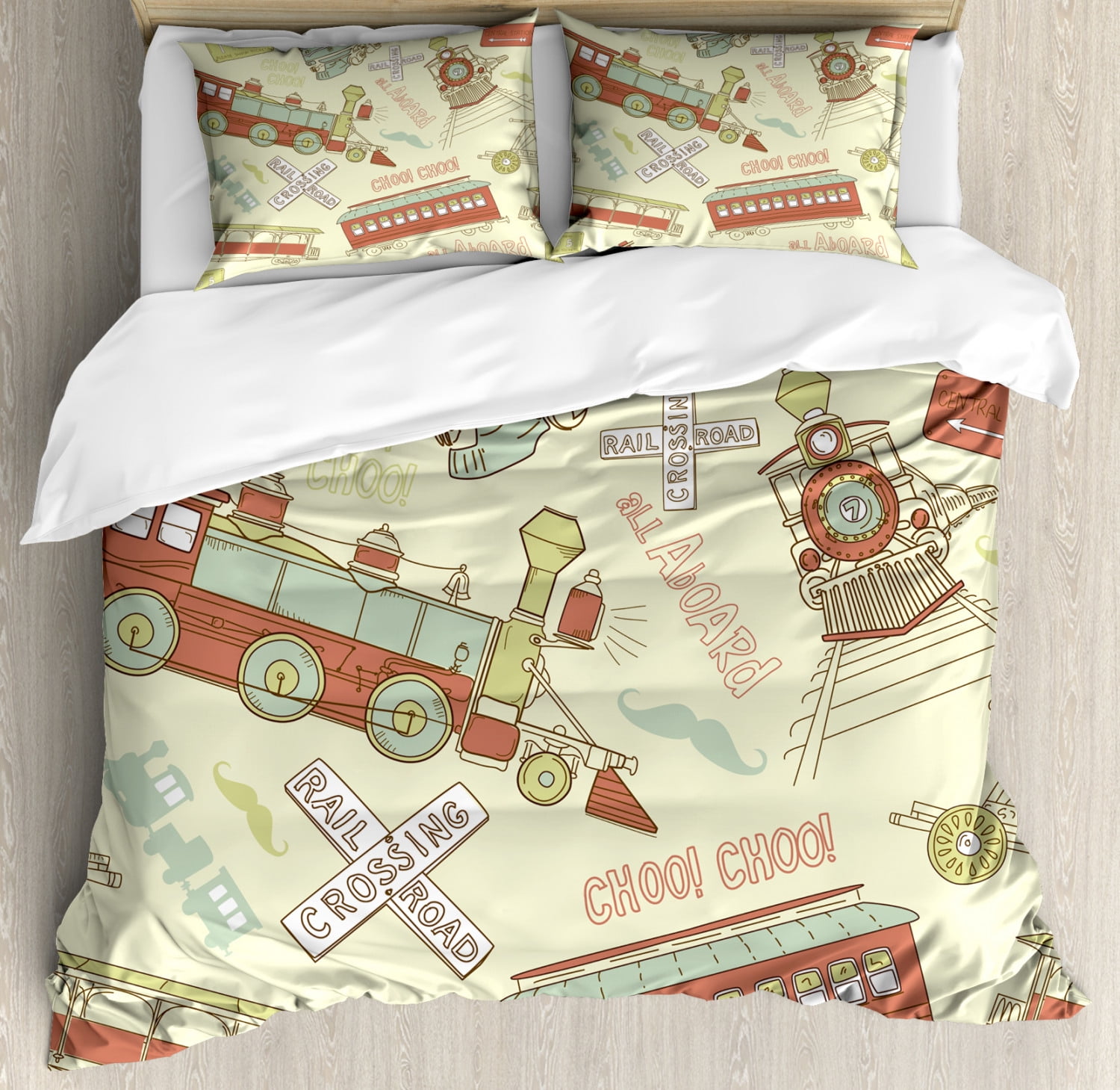 Train Duvet Cover Set, Vintage Doodle Composition About Trains Choo