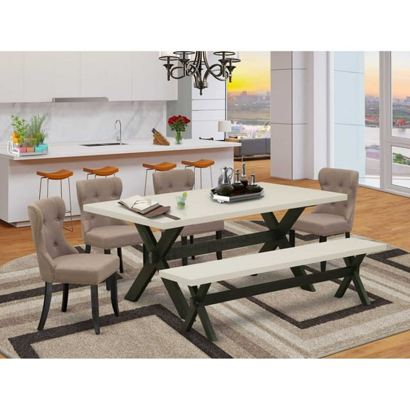 East West Furniture X-Style 6-piece Wood Dining Table Set in Black/Coffee