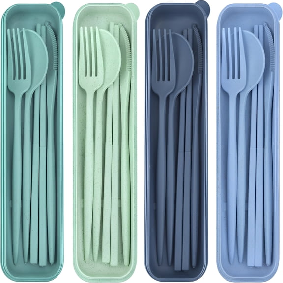 EXLEAF 4 Sets Reusable Utensils Set with Case,Travel Utensils with Case,Reusable Utensils for Lunch Box Accessories,Portable Lunch Utensils Set for Daily Use