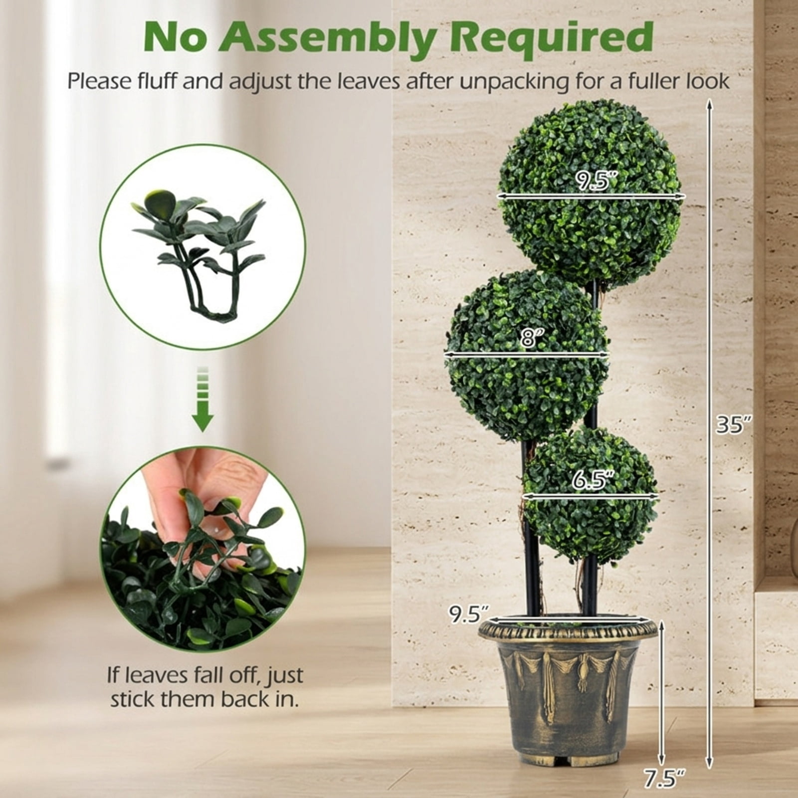 Vebreda Artificial Plant Decor, 2.5/3 FT Artificial Boxwood Topiary Tree Triple Ball Shrubs, Triple Ball Display, No-Care Daily Beauty