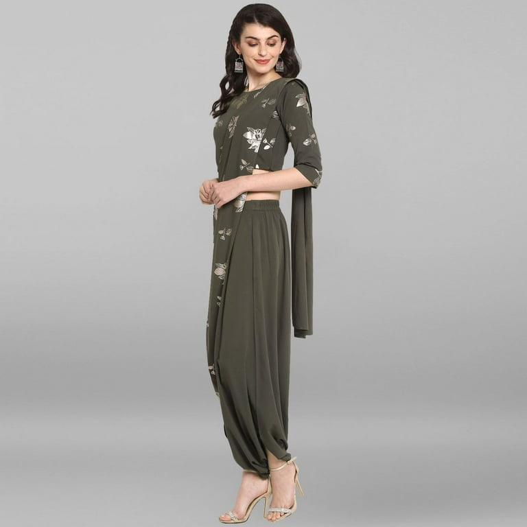 Olive green flared dress with black printed dupatta - Set Of Two