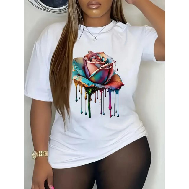 Flower Print T-shirt, Short Sleeve Crew Neck Casual Top for Summer & Spring, Women's ClothingFather'Camisetas para mujer, lindas camisetas con estampado gráfico, de manga corta, estilo casual, para ve