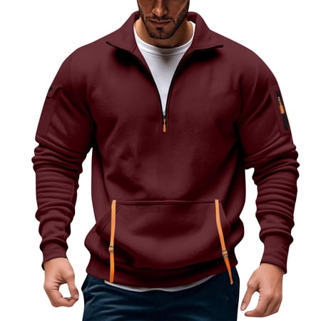 Zip Up Sweatshirts for Men Pullover Sweatshirt Men Long Sleeve Slim Fit Mock Neck Half Zip Zipper athleisure Clothes for Men Multi-Pocket Solid Color Plain Mens Apparel Xxl Red