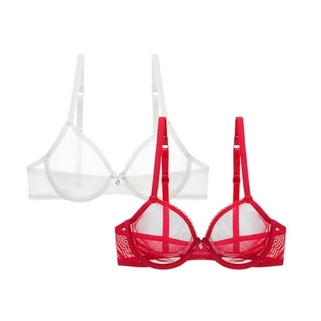 

Uhndy Lace Bra See Through Sexy Solid Underwear for Women 2 PCS Red 42E