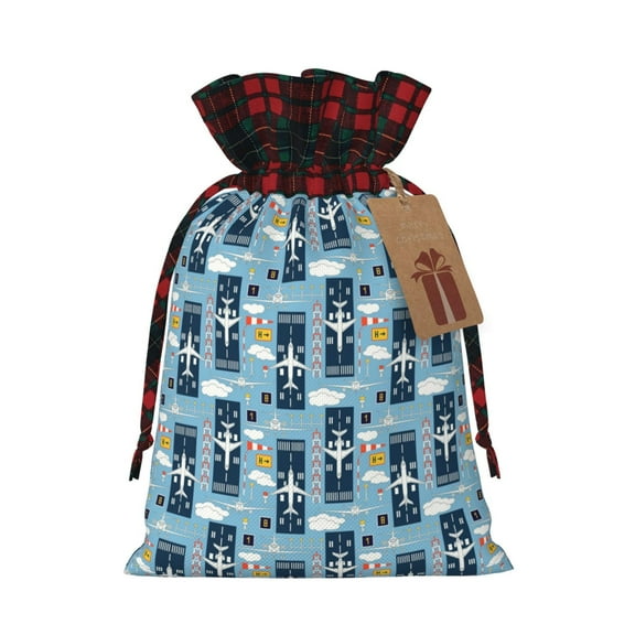 Kdxio Airplanes and Aviation Signs Christmas Drawstring Bags Xmas Buffalo Plaid Candy Bags Linen Treat Bags Christmas Gift Bags for Presents-Black
