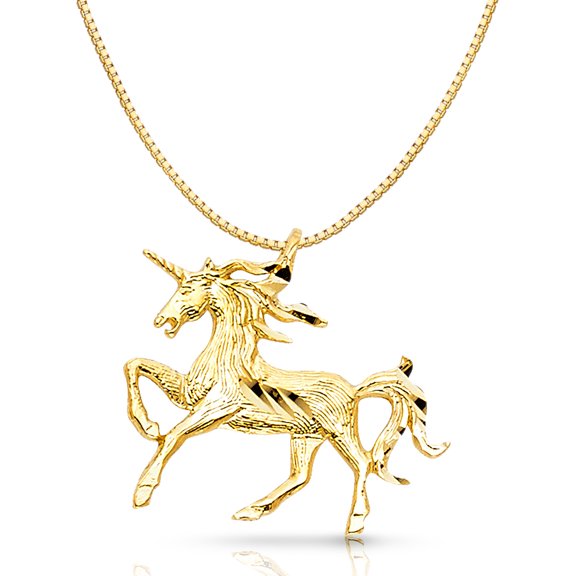 14K Yellow Solid Gold Unicorn Charm Pendant with 1mm Box Chain Necklace