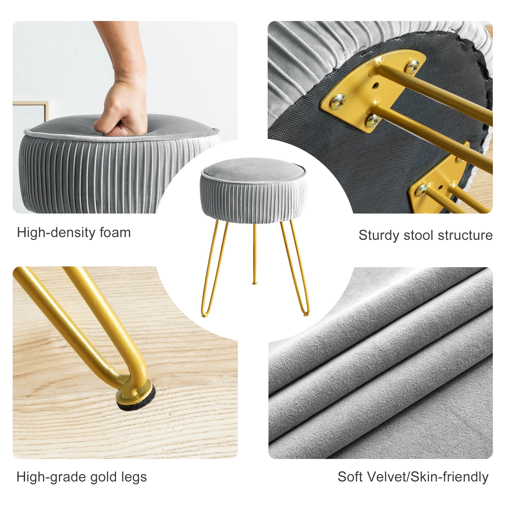 Dycanpo Gray Vanity Stool Vanity Chair with Velvet Upholstered, Metal Legs for Living Room, Adult