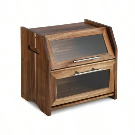 GarveeHome Bread Box Double Layer Acacia Wooden Bread Bin with Clear Acrylic Door Panel Air Vents Countertop Bread Container Rustic Brown Bread Holder for Home Made Bread Bagels