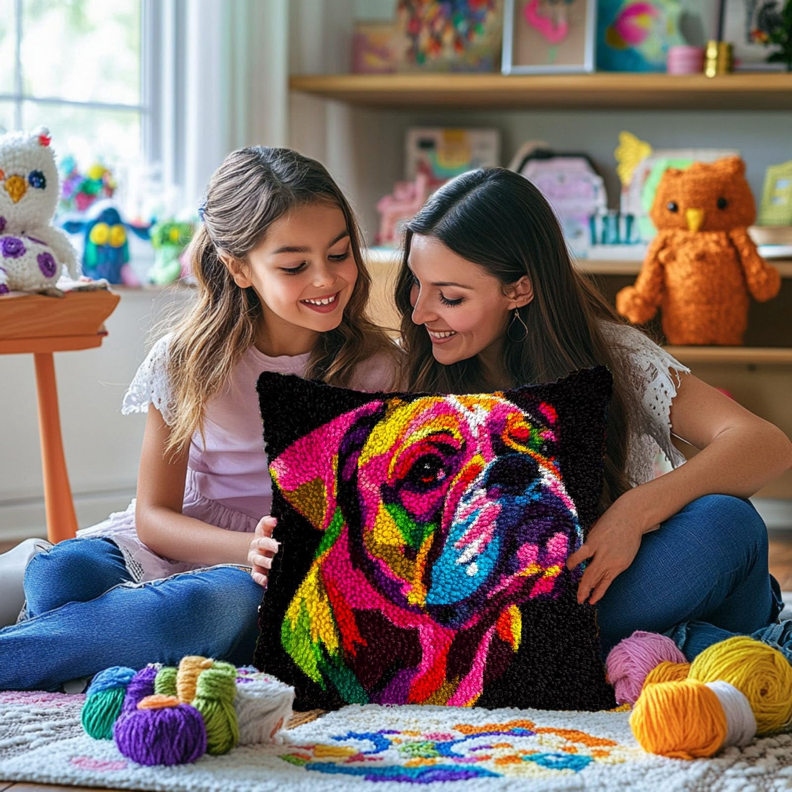 Boxer Dog DIY Latch Hook Pillow Kits for Adults Printed Pillowcase Crochet Yarns Hooking Handmade Pillow Cover Cushion for Home Sofa Decoration 17x17inch