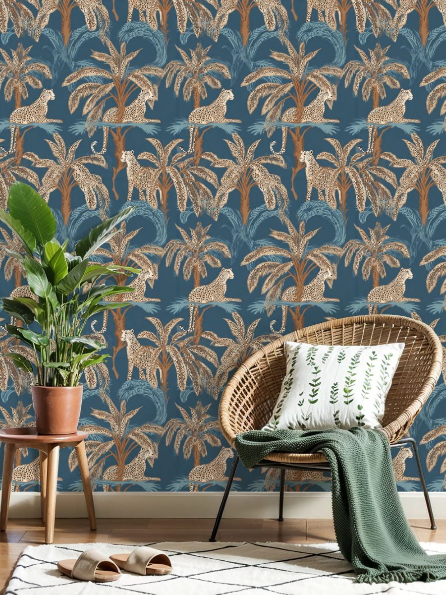 Cheetah Peel and Stick Wallpaper 23.6in x 9.8ft Tropical Jungle Cheetahs Palm Trees Blue Contact Paper Vinyl Waterproof Self Adhesive Wall Paper for Bedroom Shelf Cabinet Renter Friendly