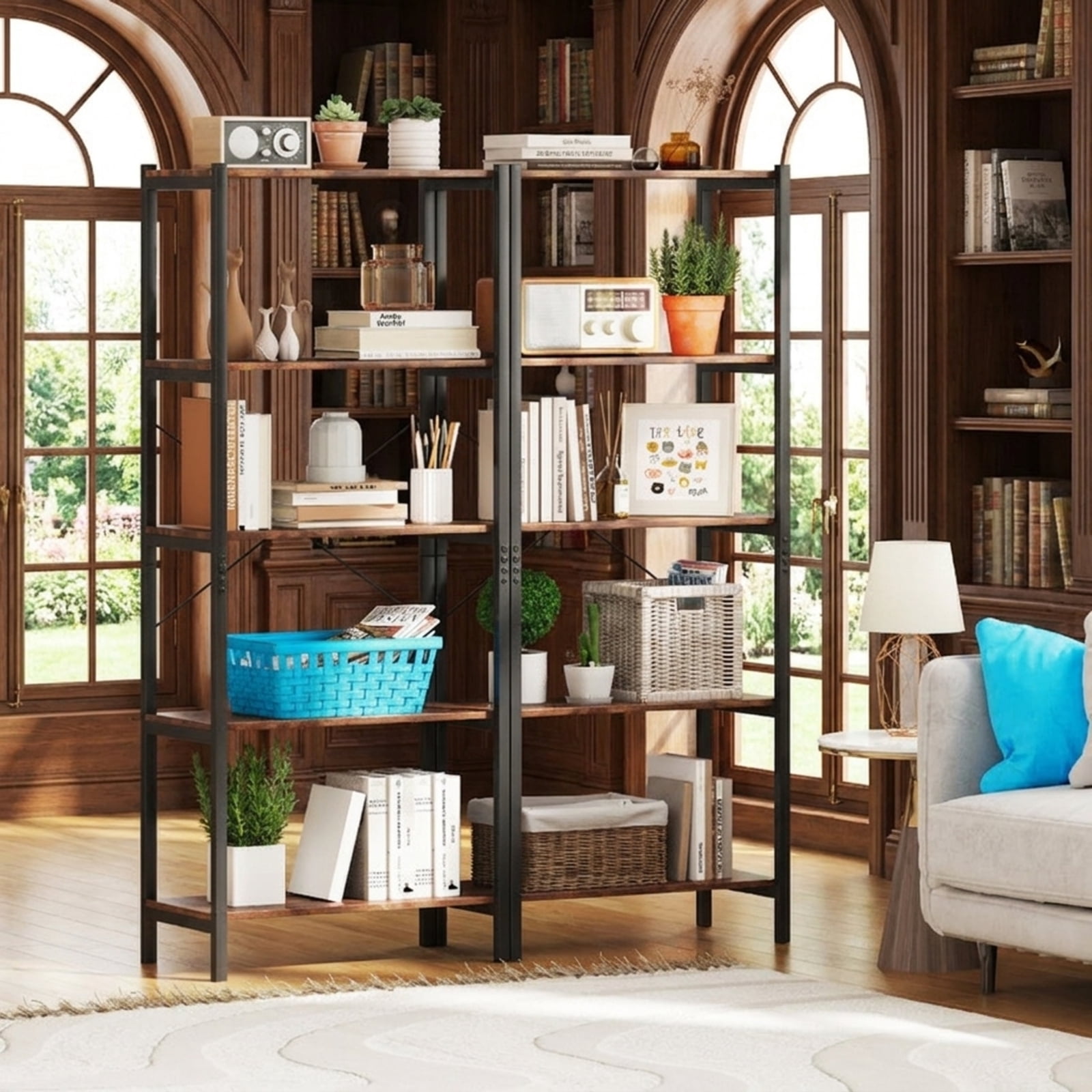 Furnibear Multipurpose Open Bookcase Industrial Rack Wide Standing Storage Shelf for Living Room Home Office Bedroom Display Storage Shelf, Brown