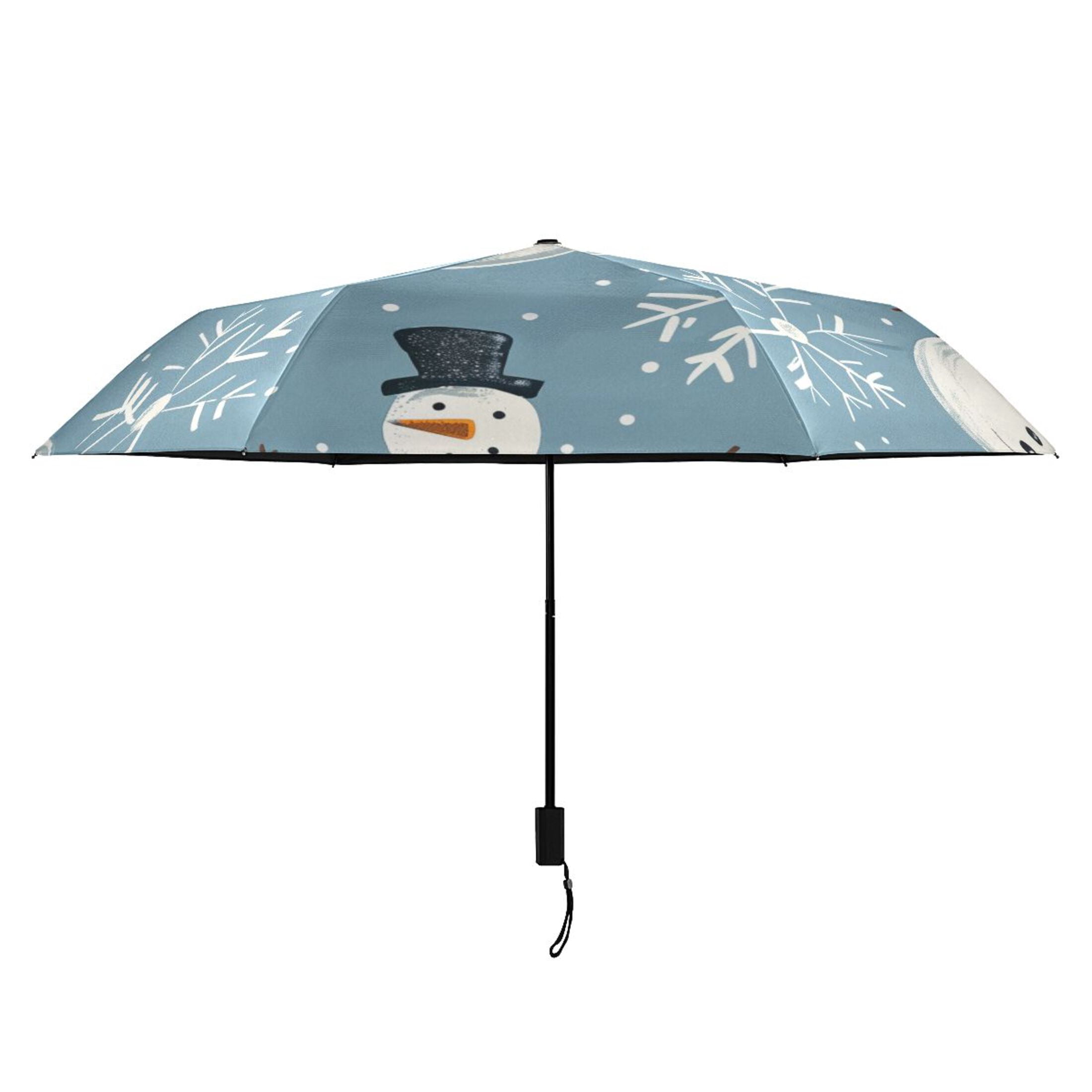 Snow Snowman Cartoon All Weather Umbrella Triple Folding Parasol 6 Ribs UV Protection Portable