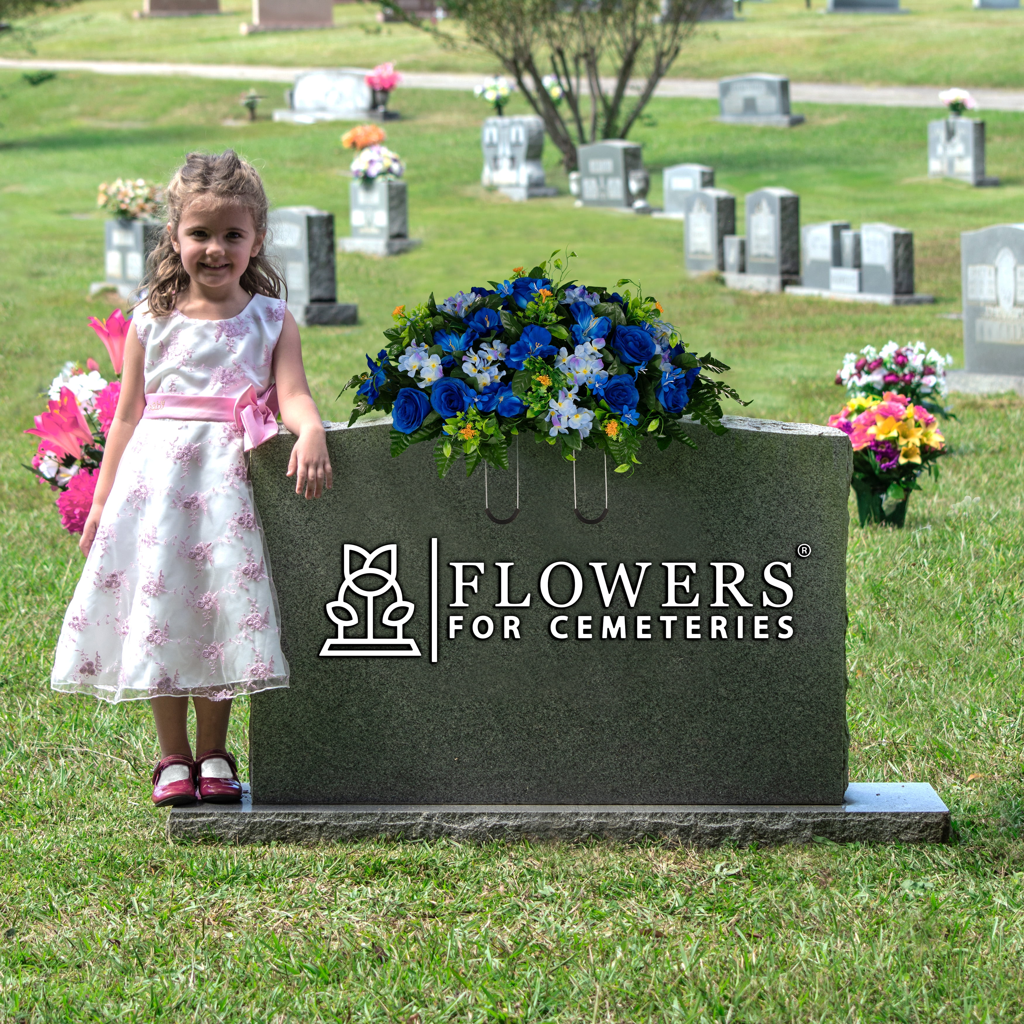 Sympathy Silks Artificial Cemetery Flowers - Blue Roses and Hydrangea - Saddle for Headstone