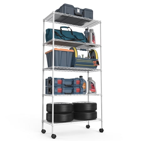 COOKCOK 5-Tier Wire Shelving Unit, Heavy Duty Metal Storage Shelves, 30" x 14" x 60" Height Adjustable Garage Shelf with PE Mat, 220lbs Capacity, NSF Wire Rack with Wheels, White