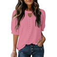 thumbnail image 2 of Stylish Olyvenn Womens Eyelet Shirts Summer Business Casual Blouses Keyhole Neck Short Sleeve Shirts Hollow Out Cute Lace Tops Hot Pink L, 2 of 9