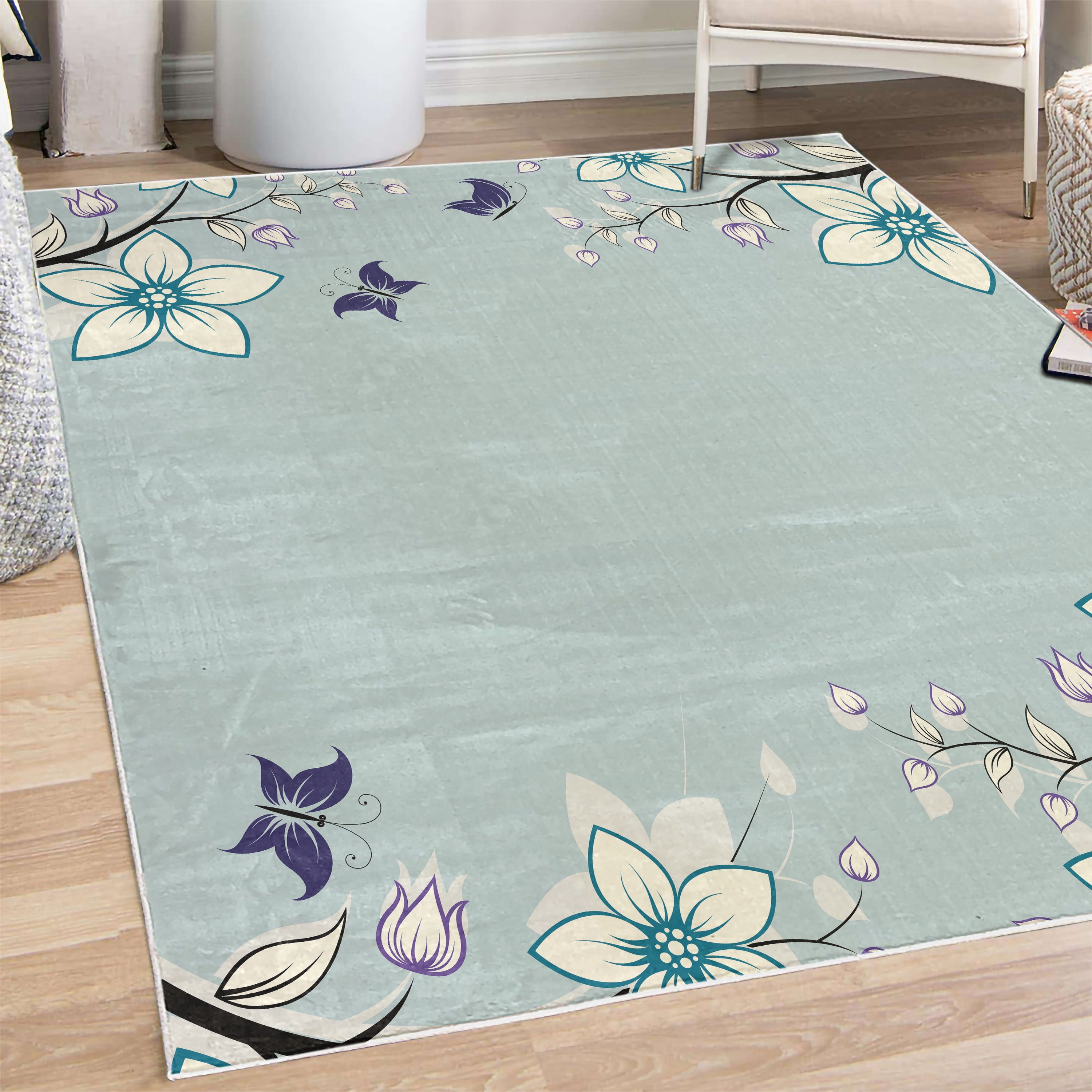 Spring Floral Rugs Floral Decorative Rug, Spring Flowers Leaves Branches Buds Butterflies ...