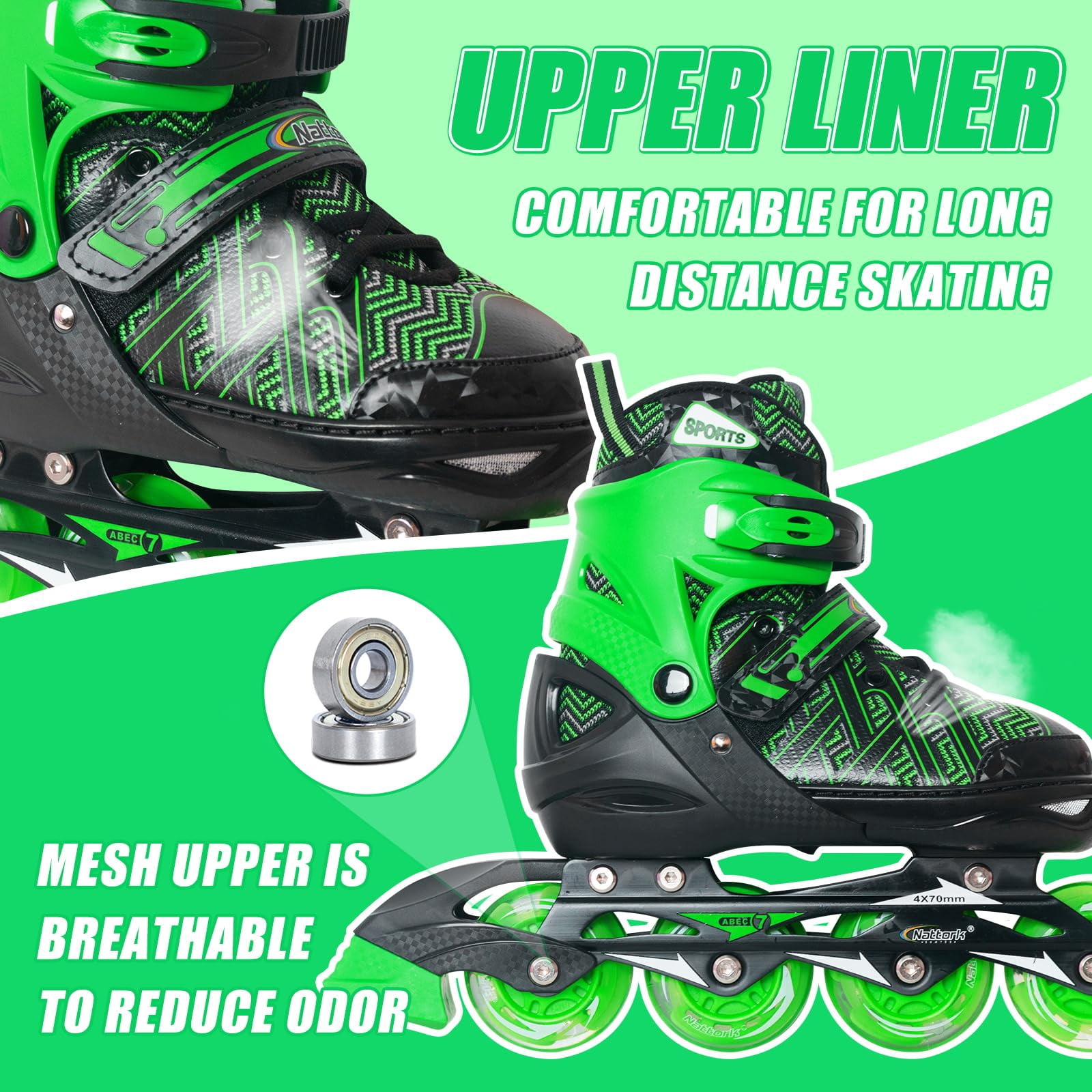 MammyGol Adjustable Inline Skates for Kids with Light-Up Wheels - Youth Teens Roller Skates for Beginners Boys Girls, Outdoor Recreational Skates Green 9-12