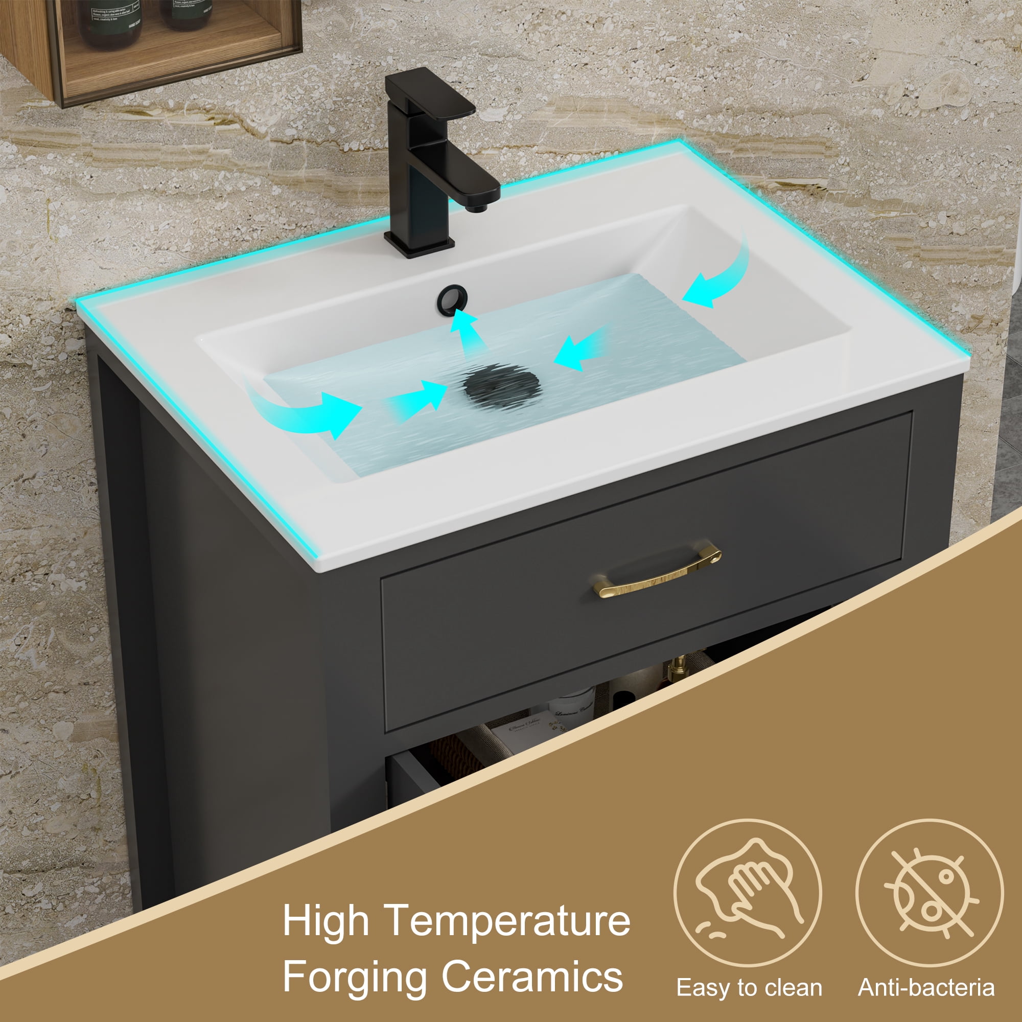 Eclife 24-Inch Freestanding Single Bathroom Vanity with Ceramic Sink Top