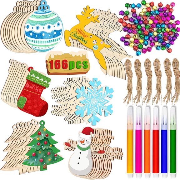 166Pcs Unfinished Wooden Christmas Ornaments, Paintable Wooden Hanging Decorations for Christmas Tree Holiday, Comes with Bells, Rope & Colorful Markers
