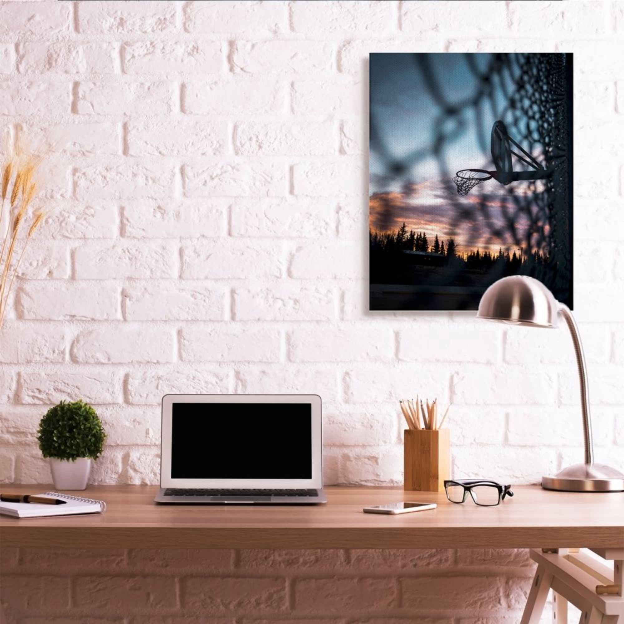 Stupell Industries Sunset Basketball Hoop through Chain Fence Design by Unsplash, 30" x 40"